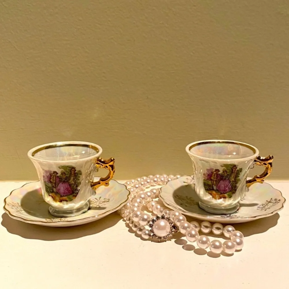 Victorian Lovers Teacups Courting Couple 1900s Japan 24K Gold Pearl Demitasse